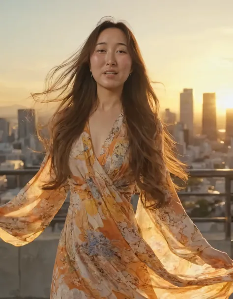 Hitomi Mochizuki, a confident and fashionable woman in an urban cityscape, effortlessly dons her intricately designed floral-patterned dress as it flows with the wind, while her long, flowing hair cascades behind her, all framed by the breathtaking golden ...