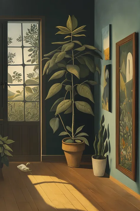 masterpiece,best quality,<lora:tbh128-:0.5>,indoors,illustration,style of Henri Rousseau,