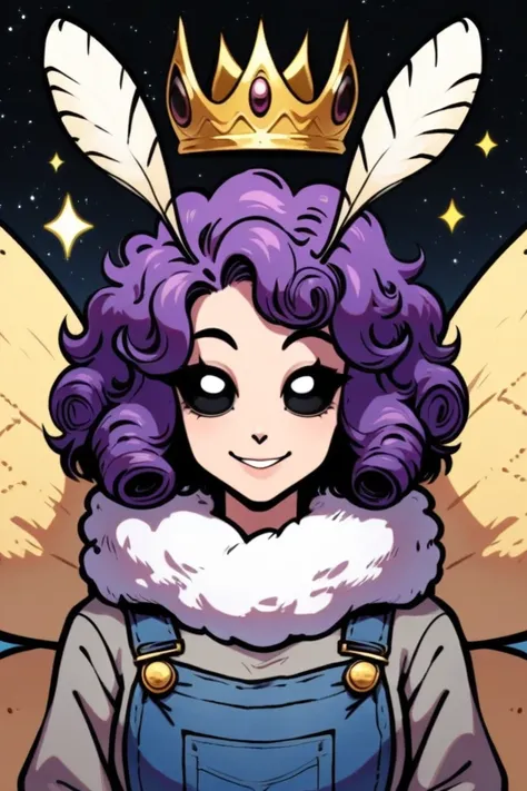 score_9, headshot portrait, mothgirl, moth antennae, four arms, fur trim, gold crown, oversized sweater, grey cardigan, overalls, white star pattern, short curly hair, purple hair, big wide black eyes, smiling, looking at viewer, moth wings