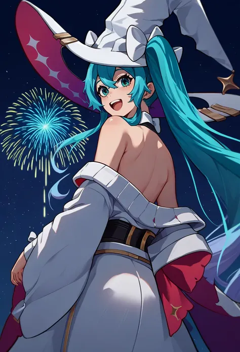 score_9, score_8_up, score_7_up, source_anime, from behind, solo, 1girl, racingmiku2024, happy, looking back, upper teeth, twintails, white headwear, witch hat, large hat, hat bow, white bow, white kimono, off shoulder, bare shoulders, fireworks <lora:voca...