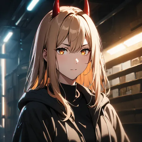 best quality, masterpiece, 1girl, blond hair, red horns, yellow eyes, high quality eyes, cross-shaped pupils, cinematic lighting, <lora:fpower:0.4>