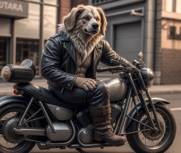 close-up, clothed white old dog with brown hairy, fluffy fur, floppy ears, neck tuft, with leather jacket, pants, boots, sitting on a motorcycle, masterpiece, 8k, hi-res, highest quailty