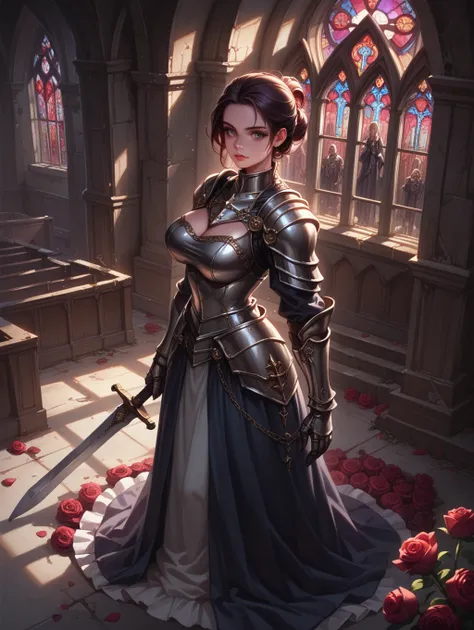 score_9, score_8_up, score_7_up,
 a female knight in full armor is standing and looking at viewer, half updo, detailed beautiful face, large breasts, long skirt, abandoned church, blooming roses, sword, low light, dark theme, from above,