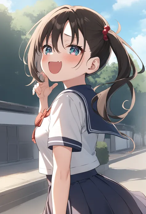 1girl,sincos, ningen mame, toosaka asagi,solo,medium breasts,school uniform,short sleeves,
mesugaki, smile, looking at viewer, blush, hand up, skin fang,<lora:mesugaki_XL_v1:0.9>
from side, panorama shot, looking up, brown hair, gray eyes,water eye, in fro...