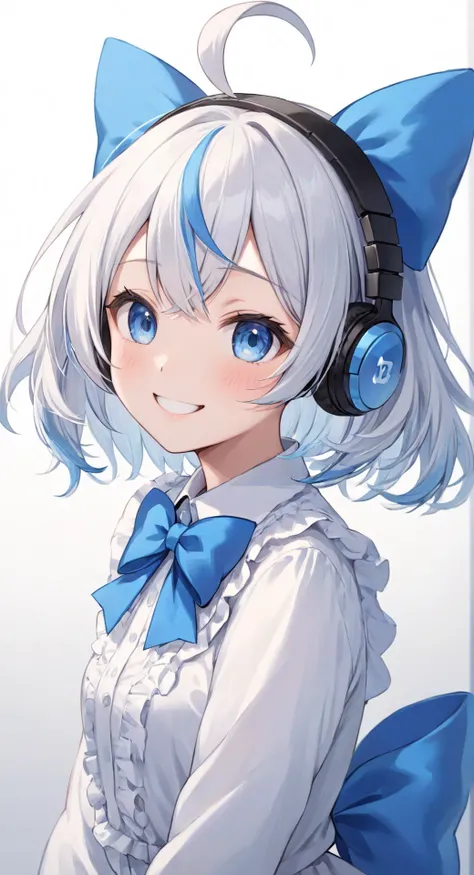 <lora:Shizuku_Mk.Wasser:0.8>, 1girl, (ahoge:1.3), headphones, blue bow, upper body, smile,