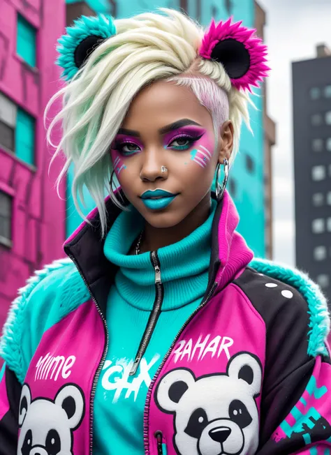 texture photorealistic Close-up chalk painting, (Tanzanian street artist in cybergoth attire:1.2), Diagonal composition, Icy blonde hair, Fuchsia highlights, (Turquoise accents:1.2), Cozy teddy bear coat, Trendy turtleneck, (Expressive frown:1.2), Urban ro...