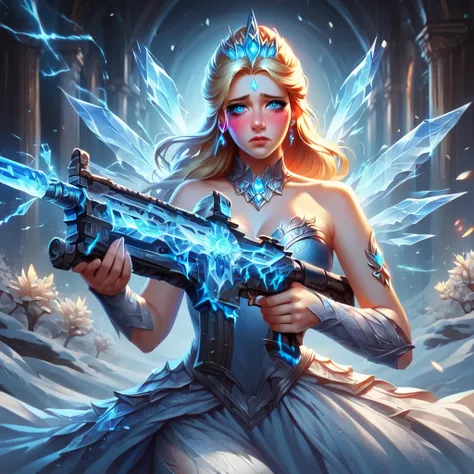 score_9, score_8_up, score_7_up, score_6_up, score_5_up, score_4_up, (1girl, ice princess, Expressive, flushed, blushed very sad, crying, cute, wearing glowing dress, holding ice Assault Rifle:1.2), snow in background, vibrant, concept art, digital art, re...