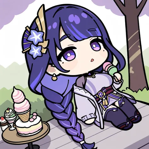 lying-on-back, chibi,(masterpiece),(best quality),macaron, 1girl, food, wagashi, solo, raiden shogun, purple skirt, dango, sweater, purple eyes, braided ponytail, mole under eye, purple hair, skirt, pantyhose, ice cream, turtleneck, hair ornament, sitting,...