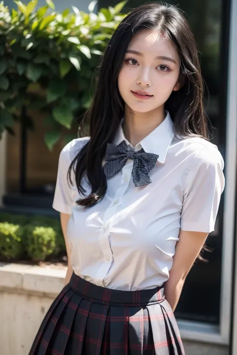 1girl,solo,long hair,realistic,skirt,black hair,school uniform,bow,shirt,looking at viewer,brown eyes,bowtie,arms behind back,white shirt,plaid,lips,smile,
best quality,masterpiece,illustration,Amazing,finely detail,masterpiece,official art,incredibly absu...