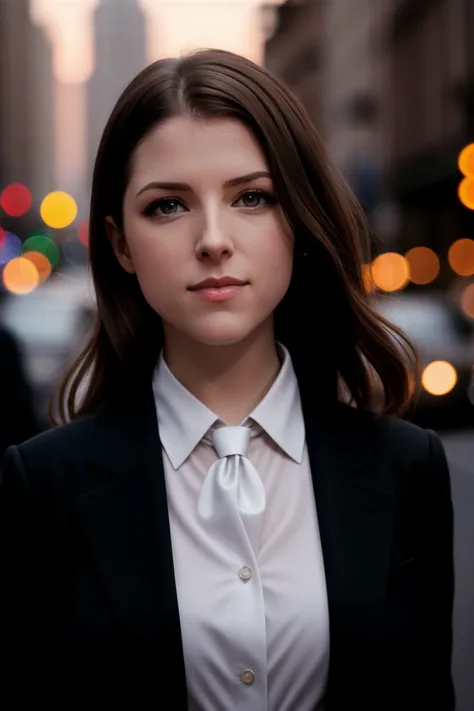 annakendrick-308,(epic), , photo of a woman,  ,beautiful picture, fully clothed, outside, necktie, shirt, skirt, city street, sunset, detailed, epic, closeup