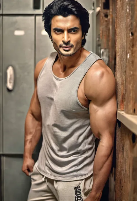 (RAW photo:1.4), sebastian de souza a man <lora:Gashmeer-Mahajani_Sebastian-De-Souza:1>, looking at viewer, smirk, full body, wearing tank top, sweating, towel around neck, standing, dark features, smooth, muscles, barefoot, ((steamy locker room setting)),...