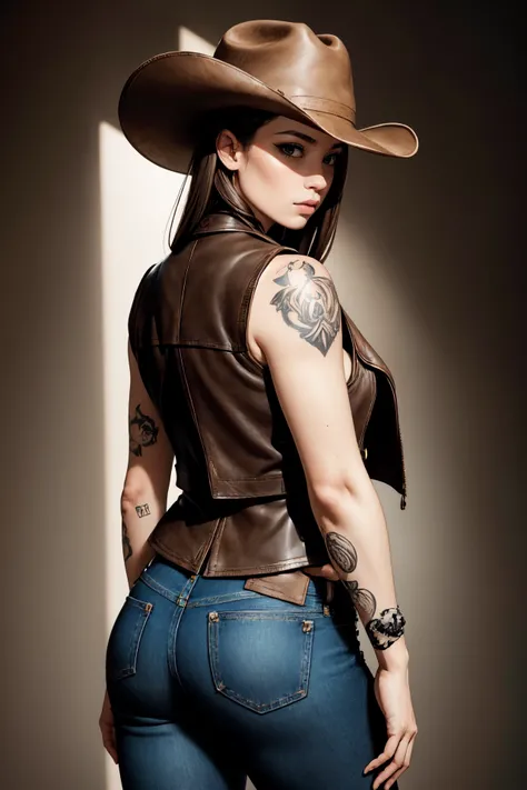 ((candid photography, (cowgirl:1.2), (attitude:1.2), tattoos, (old dusty jeans:1.1), (brown leather vest:1.1), (dusty:1.2), sepia, hat. holster, gun)), ((8k, best quality, masterpiece, Rule of thirds)), ((light play, shadow play)),