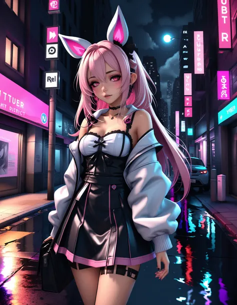 a failed vtuber working the streets, night district, hyperrealistic