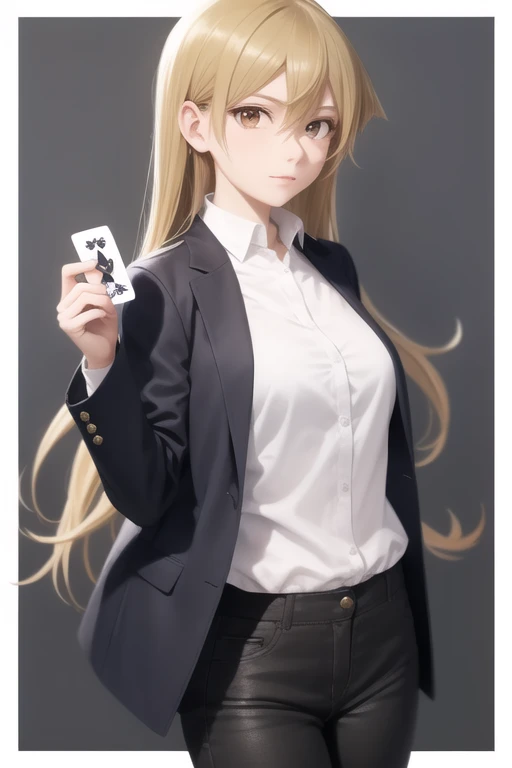 <lora:tenjouin_asukasd15:1>,1girl, alternate_costume, black_jacket, black_pants, black_ribbon, black_vest, brown_eyes, brown_hair, collared_shirt, dress_shirt, grey_background, hair_between_eyes, highres, holding_card, jacket_on_shoulders, long_sleeves, ne...