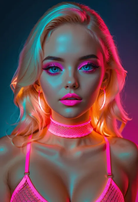 upper body portrait, 1girl, glowing neon pink fishnets, glowing neon pink lipstick, glowing neon pink choker, glowing neon pink earrings, cleavage, large breasts, blonde hair, blue eyes, gradient background, <lora:lukethighwalkerneonsdxlv5:0.4>