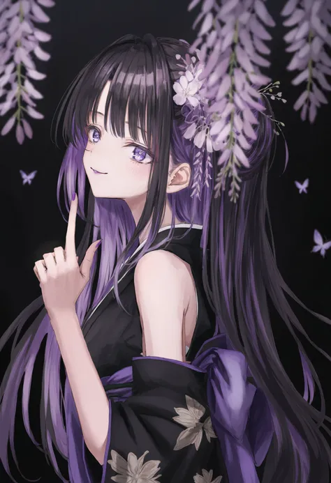 1girl, 
solo, long hair, purple eyes, flower, hair ornament, japanese clothes, black hair, kimono, bangs, hair flower, purple hair, upper body, multicolored hair, closed mouth, nail polish, looking at viewer, purple flower, very long hair, black background...