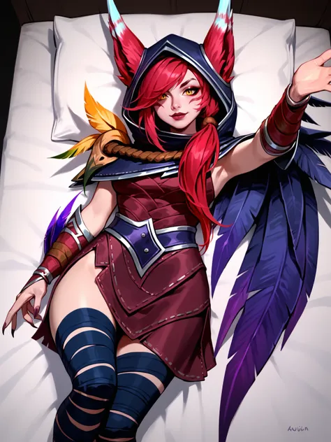 score_9, score_8_up, score_7_up, XayahNormal, 1girl, solo, red animal ears, facial marks, yellow eyes,  red long hair, vambraces, feather cloak, red leather dress, hood, bandages on legs, bird legs, girl is reaching towards viewer for incoming hug, outstre...