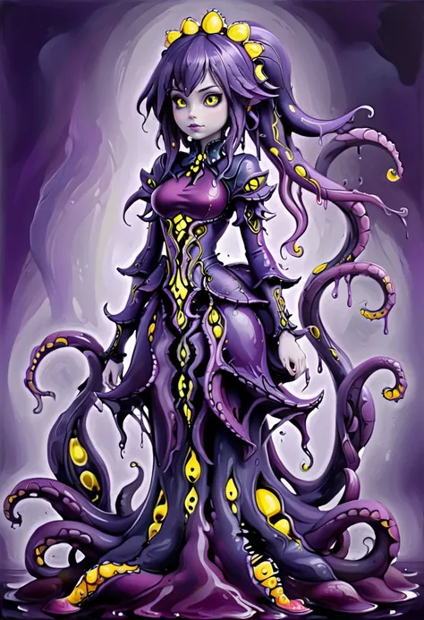 oil abstract painting, highly detailed, purple, yellow, sh0ggoth, Gothic style, 1girl, solo, full body, tentacles, beautiful, <lora:MGE_-_Shoggoth_-_SDXL:0.7>