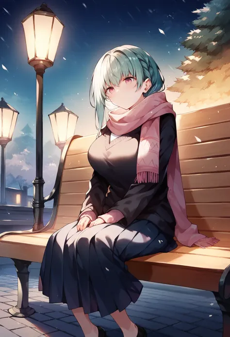 score_9, score_8_up, score_7_up, source_anime, 1girl,side braid, big breasts, sweater, black coat, scarf, aqua hair, pink eyes, pleated skirt, long skirt, night, outdoor, snowing, under a tree, dynamic light, sitting, on bench   <lora:kazutake-hazano-Style...