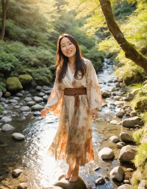 Hitomi Mochizuki, attired in her bohemian ensemble, smiles radiantly while gracefully posing by a sunlit stream as the camera captures her serene and effortless connection with nature from a picturesque birds eye view, perfectly blending into the enchantin...