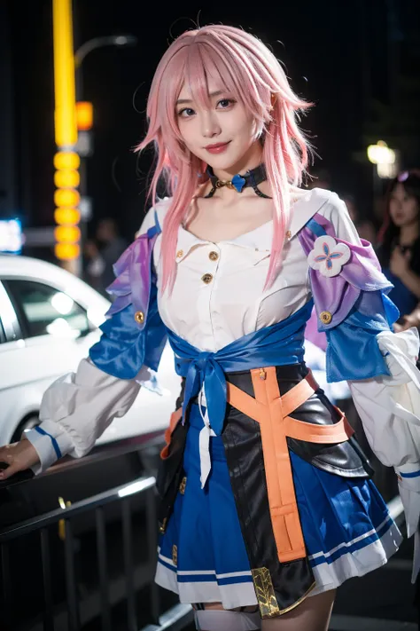 best quality,masterpiece,realistic,photorealistic,1girl,solo,looking at viewer,smile,standing,cowboy shot,march 7th cosplay costume,march 7th,cosplay,blue eyes,pink hair,medium hair,shirt,dress shirt,long sleeves,jacket,tied jacket,skirt,corset,pleated ski...