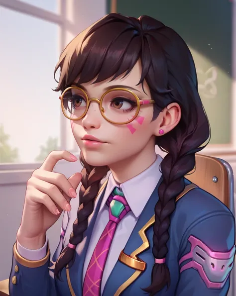 score_9, score_8_up, score_7_up,score_6_up, score_5_up, 2.5d,  highly detailed,1girl, solo focus, medium shot ,  academy dva, glasses , twin braids, classroom background <lora:Academydva-000035:1>