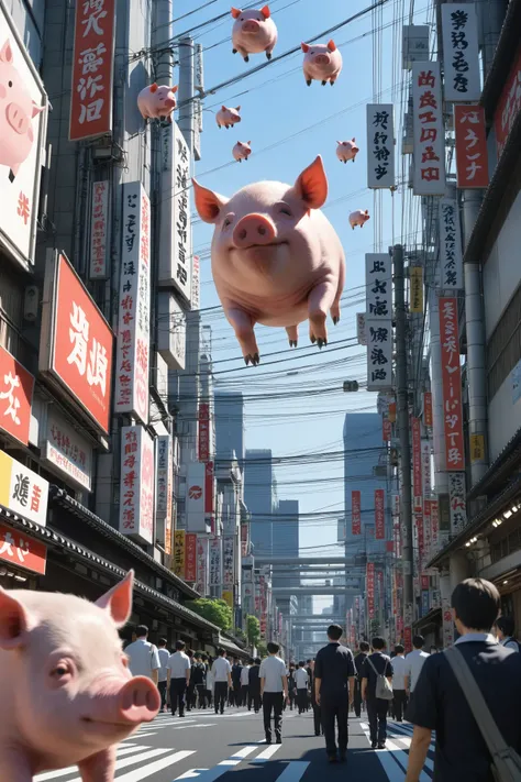 tokyo, scenery, photorealistic, floating pig, masterpiece, best quality, crowd