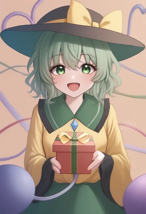 score_9,score_8_up,score_7_up,<,,,,,,,,,,<lora:komeiji_koishi:1>,komeiji_koishi, 1girl, yellow_shirt, black_hat, green_hair, frilled_sleeves,  frilled_shirt_collar, wide_sleeves, hat_bow, green_eyes, green_skirt, yellow_bow, hat_ribbon,  diamond_button, ye...