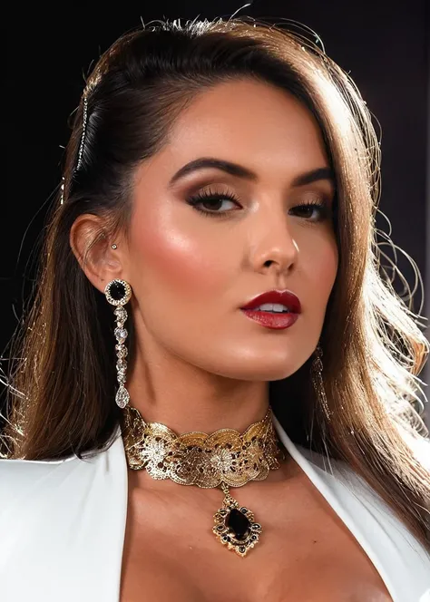 glamorous photo of a captivating masterpiece of an woman in a (((white neckholder dress with turtleneck and cleavage))) ,long earrings, necklace, half body, The intricate lace and gold details exude a very rebellious aura. ((The use of high-shine gloss add...