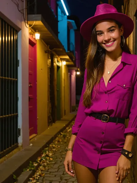 (Extremely Detailed gorgeous, smiling photo of a 20-year-old girl dressed in a magenta unbuttoned shirt, a short skirt, black fishnet stockings, woven slides and a straw fedora hat. She poses in a nighttime back alley, the clothes accentuate her figure.