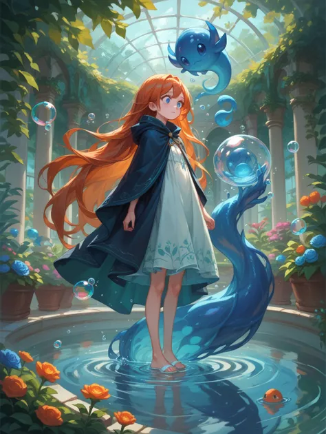 score_9, score_8_up, score_7_up,
very long hair, 1girl, blue eyes, small breast, garden, cloak, 
water, reflections, teal and orange, full body, blue creature, bubbles, (looking down:1.1), (surprise:0.8), (side view:0.8),