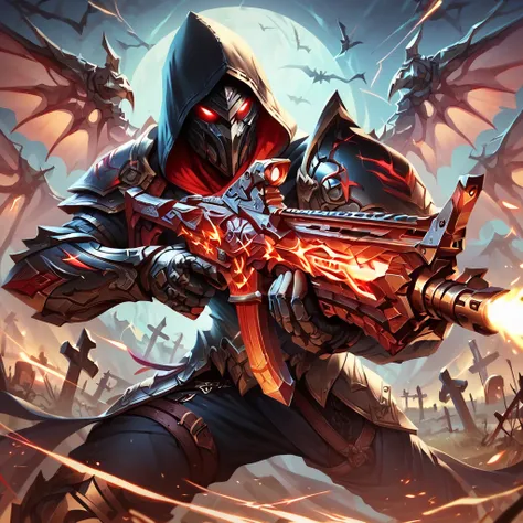 score_9, score_8_up, score_7_up, score_6_up, score_5_up, score_4_up, (action shot of a fantasy game character wielding a black and red assault rifle, wearing black armor and hood, graveyard in background:1.2) vibrant, concept art, digital art, realistic, 