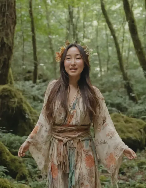 Hitomi Mochizuki, dressed in a bohemian-inspired outfit, embraced her free spirit within an enchanting forest-themed setting, as she gracefully posed for the camera with leaves fluttering around her, creating a magical moment where nature and human express...