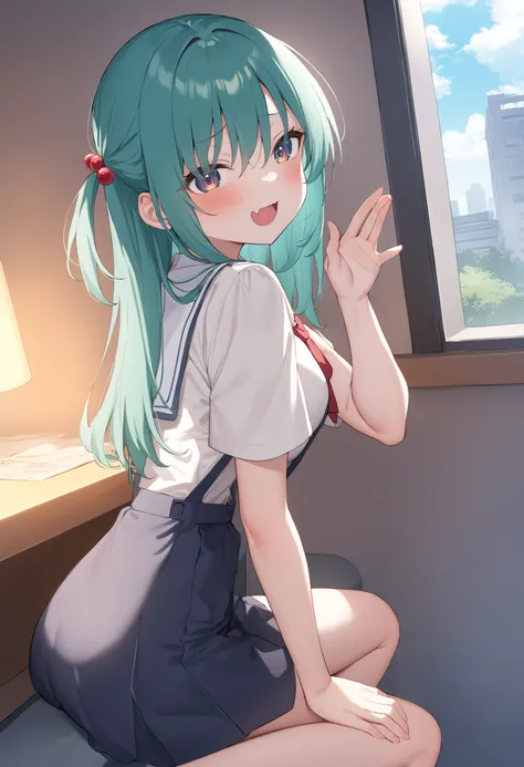 1girl,sincos, ningen mame, toosaka asagi,solo,medium breasts,school uniform,short sleeves,
mesugaki, smile, looking at viewer, blush, hand up, skin fang,<lora:mesugaki_XL_v1:0.9>
from side, feet out of frame, looking back, aqua hair, brown eyes,seductive s...