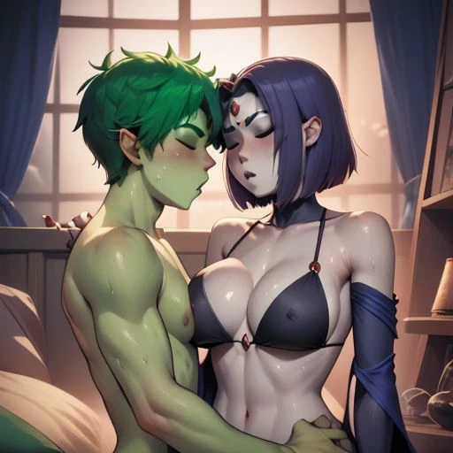 green hair, superhero, bikini, 2girl, 1boys, closed eyes, comic, large breasts, blushh