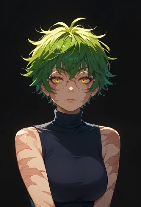 score_9,score_8_up,score_7_up,score_6_up,<lora:maki zenin pdxl goofy:1>maki zenin, 1girl, solo, glasses, scar,large breasts, round eyewear, short hair,messy hair,green hair,yellow eyes,portrait,upepr body,black turtleneck, sleeveless, white background,