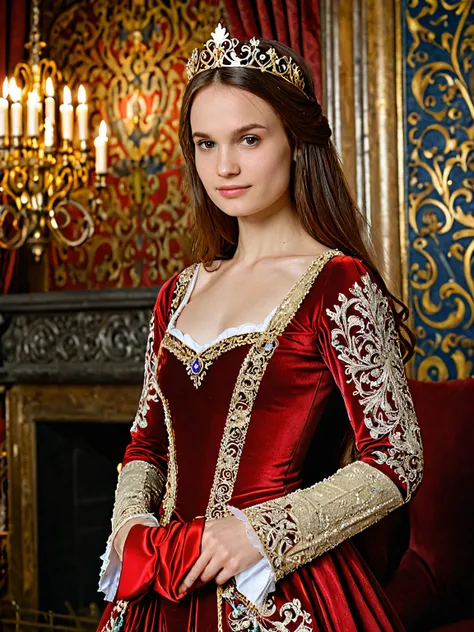 masterpiece,best quality,a photo of An4st4sia,22 year old woman,dressed as a 14th century royal,intricate detailed ballroom background,<lora:Anastasia_Bella_Metart_XL:0.8>,