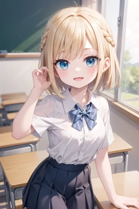 insanely detailed, absurdres, ultra-highres, ultra-detailed, best quality,
1girl, solo, nice hands, perfect hands
BREAK
summer school uniform, (plain dark blue skirt with many pleats:1.4), (striped indigo blue bowtie:1.3), short sleeves, white shirt, shirt...