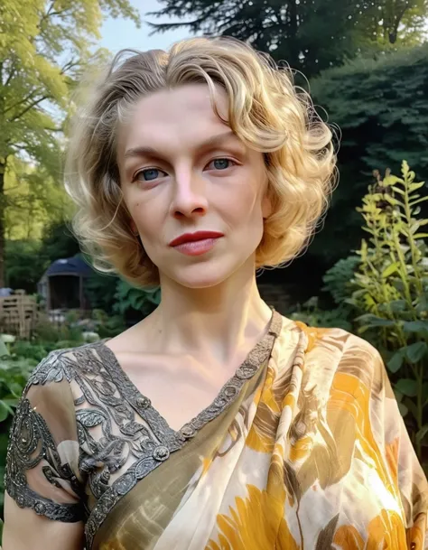 gopro photograph from the front recording a fit, elderly, and swedish grandma; wearing an elegant chiffon saree with a viking design; featuring a blond curly bob haircut with juicy lips. shown repairing vehicles within a frostpunk garden with sun light. <l...