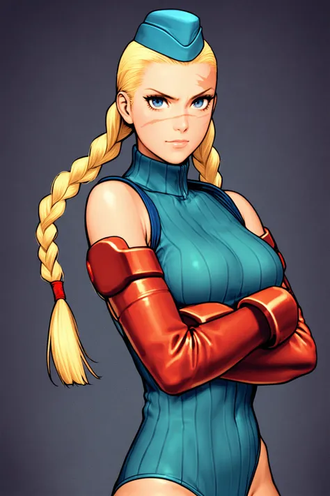 1girl,solo,cammy white,blue hat,garrison cap,blonde hair,leotard,blue leotard,braid,twin braids,gloves,necktie,long hair,ribbed leotard,blue eyes,standing,scar,crossed arms,looking at viewer,<lora:shinkiro_XL:0.8>,