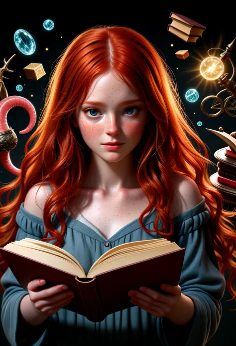 best quality, photorealistic, accurate, realistic, red head with freckles long hair book worm surrounded by magical items, dynamic lighting and shadows