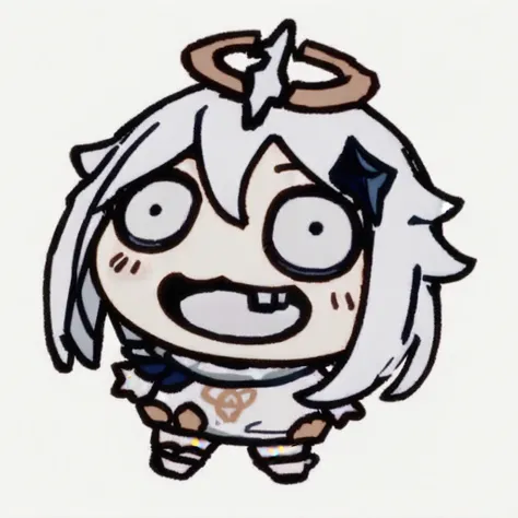 (chibi),1girl, paimon (genshin impact), solo, white hair, hair between eyes, halo, looking at viewer, bangs, hair ornament, grey eyes, smile, :3, blue eyes, blush, simple background