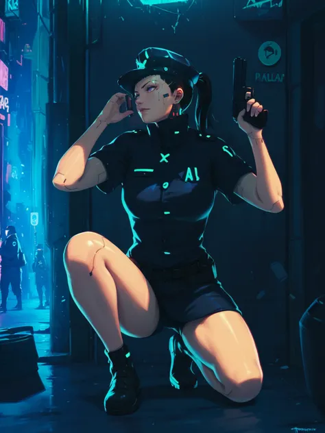 adult woman, curvy, large breasts, purple eyes, black hair, ponytail, black cap, policeman, on one knee, holding gun, behind the wall, cyberpunk alley street, cyberpunk, night, police uniform, <lora:Murano:0.8>, score_9, score_8_up, score_7_up