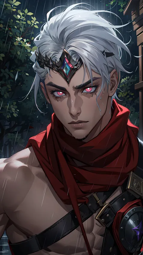 <lora:Varus-10:0.7>,Varus, solo, short hair,1boy, (belt), grey hair, male focus, scarf, armor, muscular, glowing, muscular male, red scarf, crown, glowing eyes,outdoors, long hair, topless,bare shoulders,
dark forest,(masterpiece), (best quality:1.2),  (po...