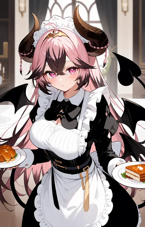 score_9,score_8_up,score_7_up,score_6_up,1girl,horns,solo,breasts,wings,maid,apron,ahoge,botton,(large breasts:1.1),long hair,multicolored hair,pink hair,maid headdress,tiara,tail,long sleeves,black hair,puffy sleeves,blush,dress,pink eyes,maid apron,demon...