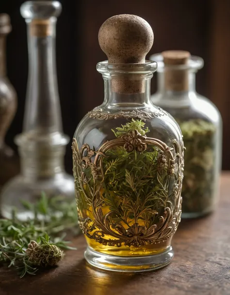 freshly made magical herbal potion in an ornate glass bottle on the table, in an ancient apothecary, angled shot, midday warm, Nikon D850 105mm, close-up