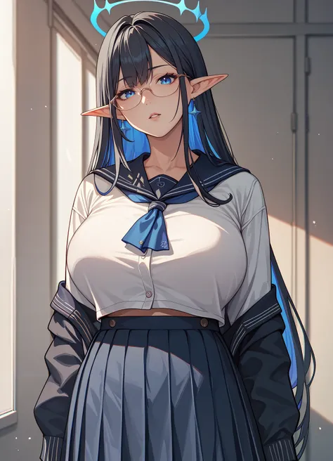 score_9,score_8_up,score_7_up,score_6_up <lora:rin_blue_archive_xl:0.8> rin ba,blue  eyes,elf,pointy ears,long hair, black hair,colored inner hair, glasses, halo ,looking at viewer, parted lips, school uniform, skirt, shirt, serafuku, mature female, large ...