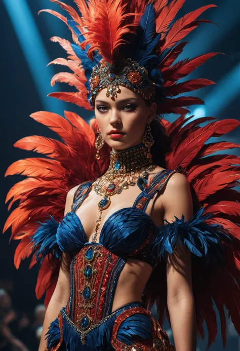 extravagant high fashion show concept featuring elaborate costumes with feathered details and sparkling jewels, runway, fashion designer inspiration, style of gaultier and gianni versace, deep vibrant colors, strong directional light sources, catwalk, heav...