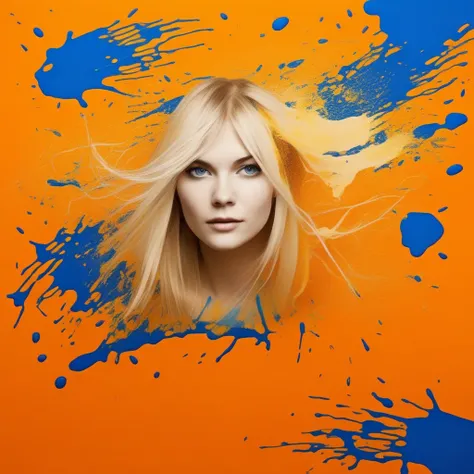 paint splatter, orange background, blue theme, blonde hair