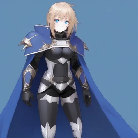 looking at viewer, gloves, cape, thighhighs, simple background, boots, upper body, shoulder armor, blue eyes